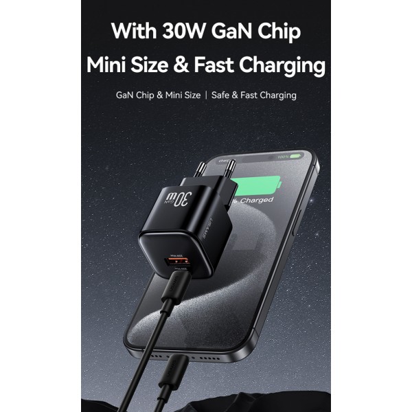 USAMS φορτιστής τοίχου CC263, USB & USB-C, 30W, GaN, μαύρος - Φορτιστές Κινητών
