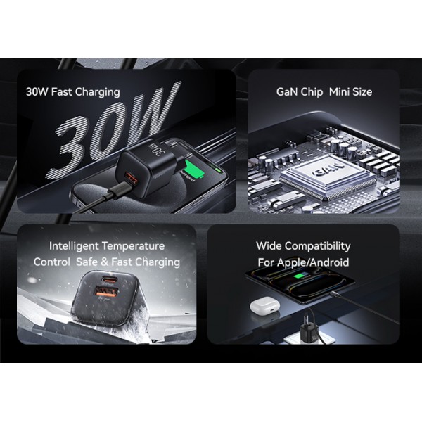 USAMS φορτιστής τοίχου CC263, USB & USB-C, 30W, GaN, μαύρος