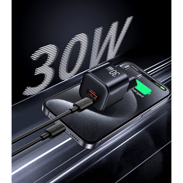 USAMS φορτιστής τοίχου CC263, USB & USB-C, 30W, GaN, μαύρος