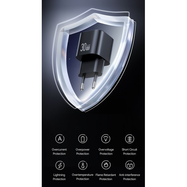 USAMS φορτιστής τοίχου CC263, USB & USB-C, 30W, GaN, μαύρος