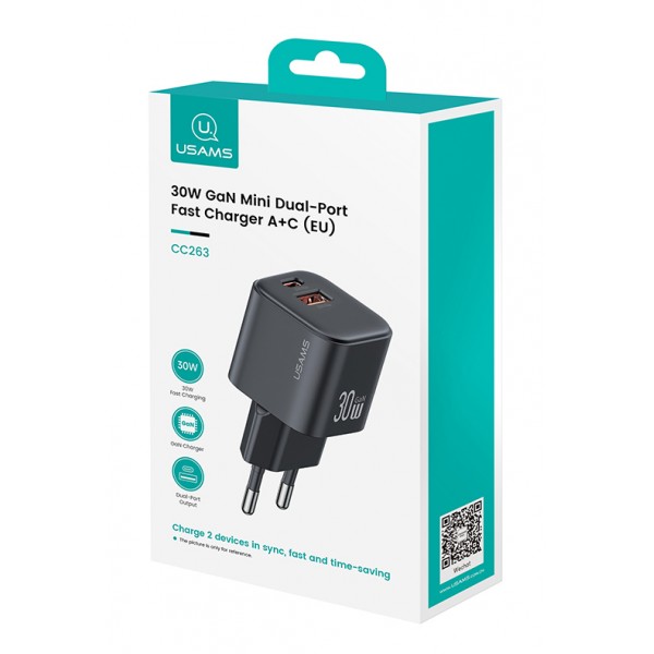 USAMS φορτιστής τοίχου CC263, USB & USB-C, 30W, GaN, μαύρος