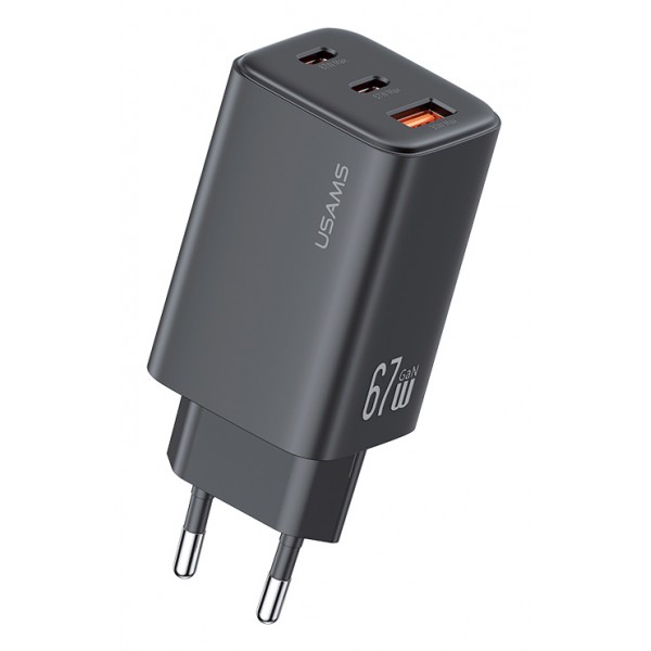 USAMS φορτιστής τοίχου CC265, USB & 2x USB-C, 67W, GaN, μαύρος - Φορτιστές Κινητών