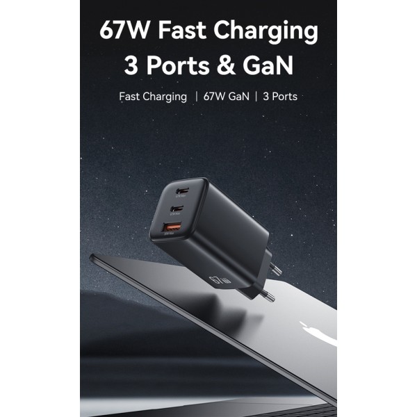 USAMS φορτιστής τοίχου CC265, USB & 2x USB-C, 67W, GaN, μαύρος - Φορτιστές Κινητών
