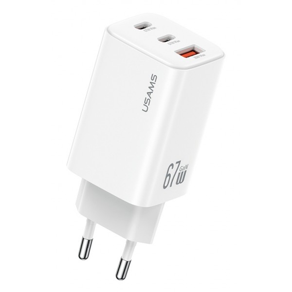 USAMS φορτιστής τοίχου CC265, USB & 2x USB-C, 67W, GaN, λευκός - Φορτιστές Κινητών