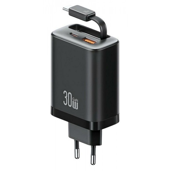 USAMS φορτιστής τοίχου CC296 με καλώδιο, USB & USB-C, 30W, μαύρος - Mobile