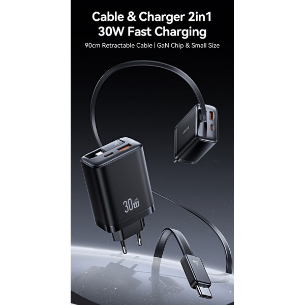 USAMS φορτιστής τοίχου CC296 με καλώδιο, USB & USB-C, 30W, μαύρος - Mobile
