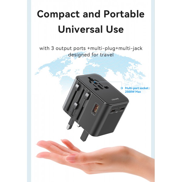 USAMS φορτιστής/αντάπτορας πρίζας CC309, USB & 2x USB-C, universal, 25W, μαύρος - Mobile