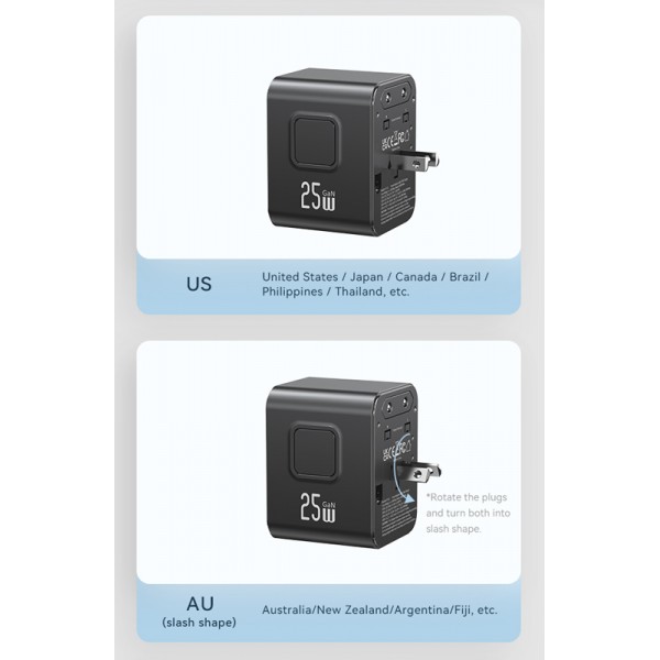 USAMS φορτιστής/αντάπτορας πρίζας CC309, USB & 2x USB-C, universal, 25W, μαύρος