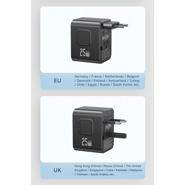 USAMS φορτιστής/αντάπτορας πρίζας CC309, USB & 2x USB-C, universal, 25W, μαύρος