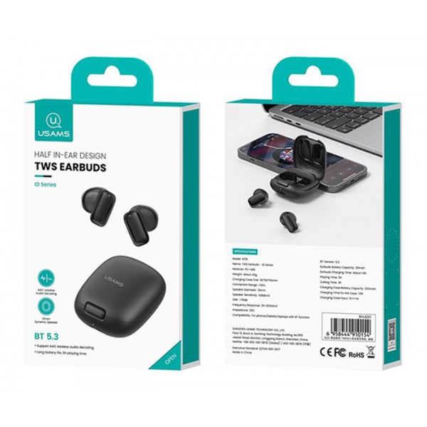 USAMS earphones με θήκη φόρτισης ID25, TWS, Φ13mm, 30/230mAh, μαύρα