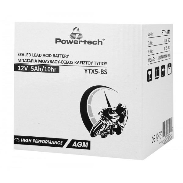 POWERTECH μπαταρία μολύβδου μοτοσυκλέτας PT-1441, 12V 5Ah, AGM, YTX5-BS - Σύγκριση Προϊόντων