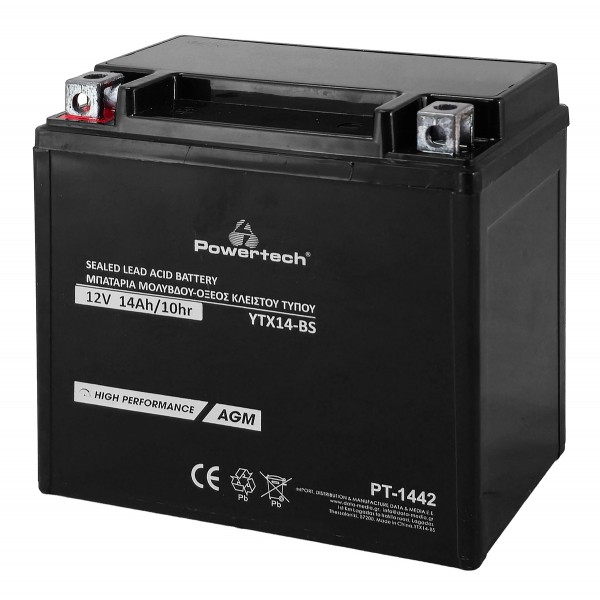 POWERTECH μπαταρία μολύβδου μοτοσυκλέτας PT-1442, 12V 14Ah, AGM, YTX14-BS - Powertech