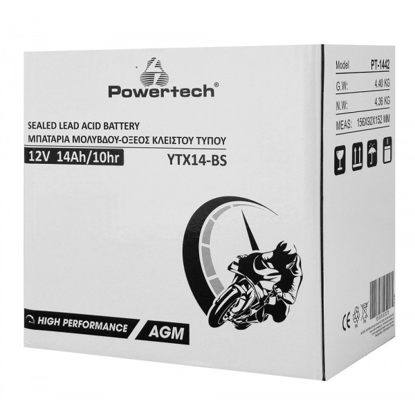 POWERTECH μπαταρία μολύβδου μοτοσυκλέτας PT-1442, 12V 14Ah, AGM, YTX14-BS - Powertech