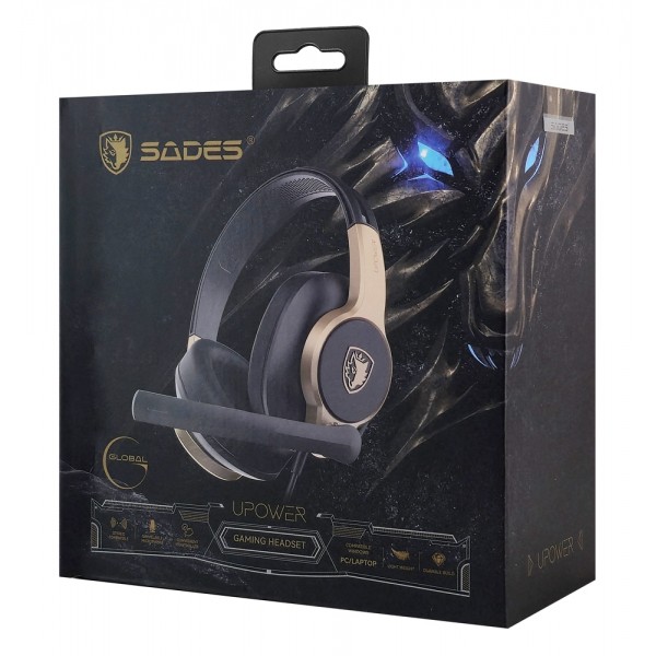 SADES gaming headset UPOWER, 3.5mm σύνδεση, 40mm, μαύρο/χρυσό