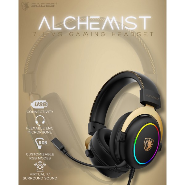 SADES gaming headset Alchemist, USB σύνδεση, 50mm, V7.1 surround, ENC, RGB, multi-platform, μαύρο