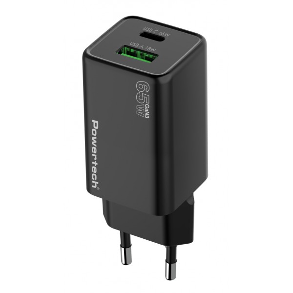 POWERTECH φορτιστής τοίχου PT-1501, USB/USB-C, 65W, GaN, μαύρος - Φορτιστές Κινητών