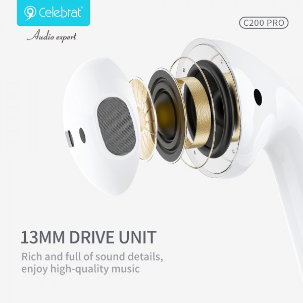 CELEBRAT earphones με θήκη φόρτισης C200 Pro, True Wireless, 13mm, 30/300mAh, λευκά