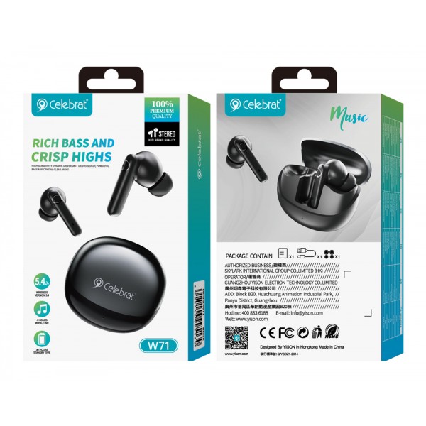 CELEBRAT earphones με θήκη φόρτισης W71, True Wireless, 10mm, 30/200mAh, μαύρα