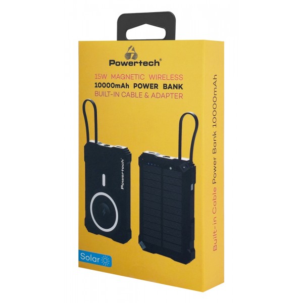 POWERTECH ηλιακό power bank PT-1505 με καλώδιο, 10000mah, magnetic wireless, 35W, μαύρο