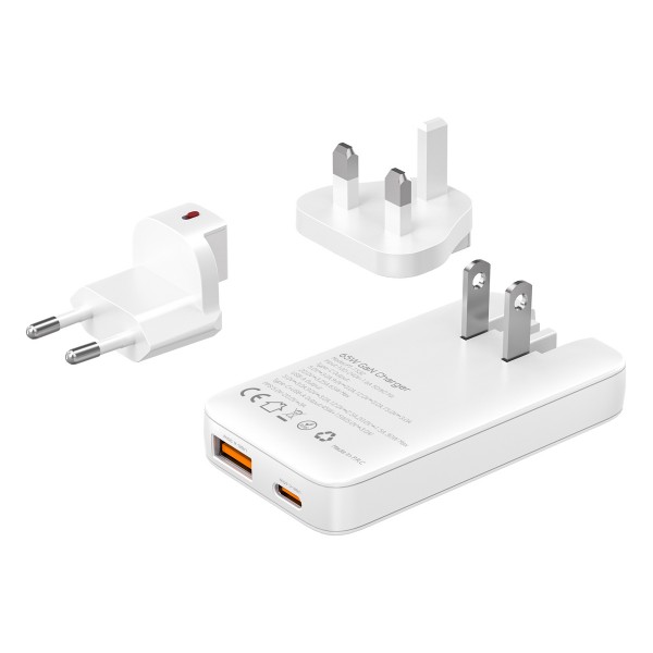 POWERTECH φορτιστής τοίχου PT-1532, EU/UK/CN βύσμα, USB/USB-C, 65W, GaN, λευκός - Φορτιστές Κινητών