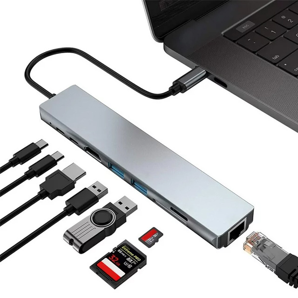 POWERTECH docking station PT-1536, 8 θυρών, USB-C σύνδεση, 87W PD, 100Mbps, γκρι - Docking Station