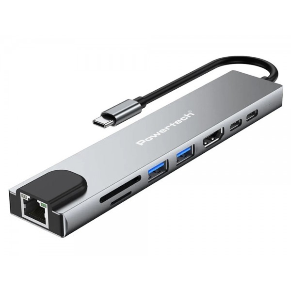 POWERTECH docking station PT-1536, 8 θυρών, USB-C σύνδεση, 87W PD, 100Mbps, γκρι - Docking Station