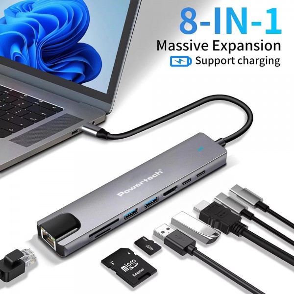 POWERTECH docking station PT-1537, 8 θυρών, USB-C σύνδεση, 100W PD, 1000Mbps, γκρι - Docking Station