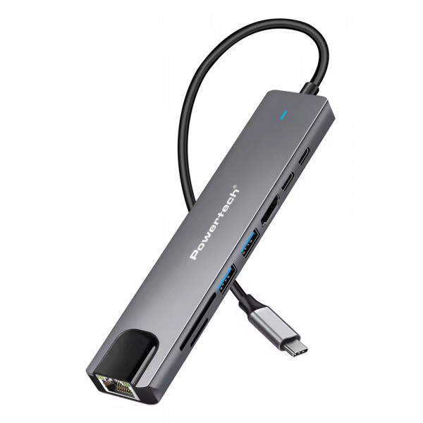 POWERTECH docking station PT-1537, 8 θυρών, USB-C σύνδεση, 100W PD, 1000Mbps, γκρι - Docking Station
