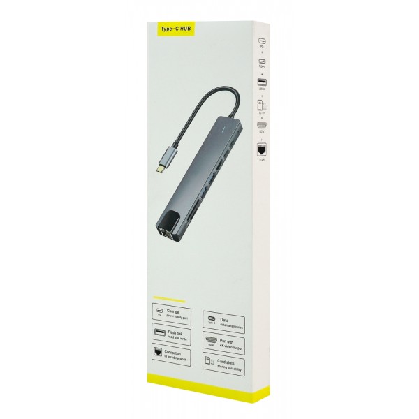 POWERTECH docking station PT-1537, 8 θυρών, USB-C σύνδεση, 100W PD, 1000Mbps, γκρι