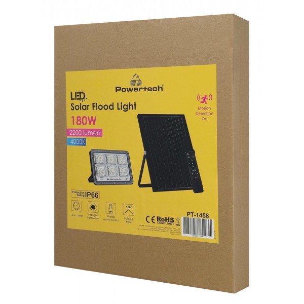 POWERTECH LED ηλιακός προβολέας PT-1458 με τηλεχειριστήριο, αισθητήρας κίνησης, 180W, 4000K, 2000lm, IP66 - Προβολείς