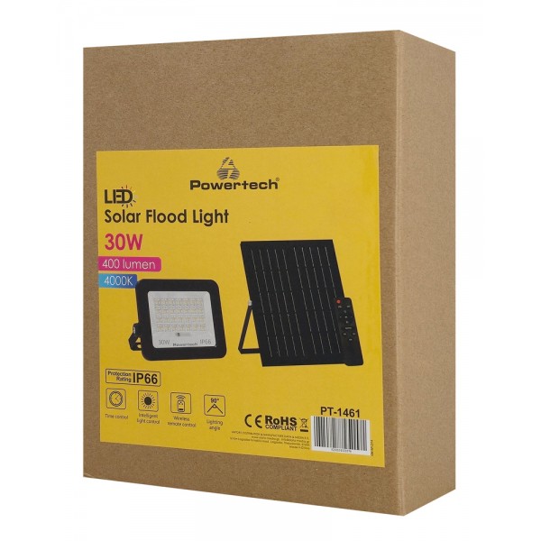 POWERTECH LED ηλιακός προβολέας PT-1461 με τηλεχειριστήριο, 30W, 4000K, 400lm, IP66 - Προβολείς