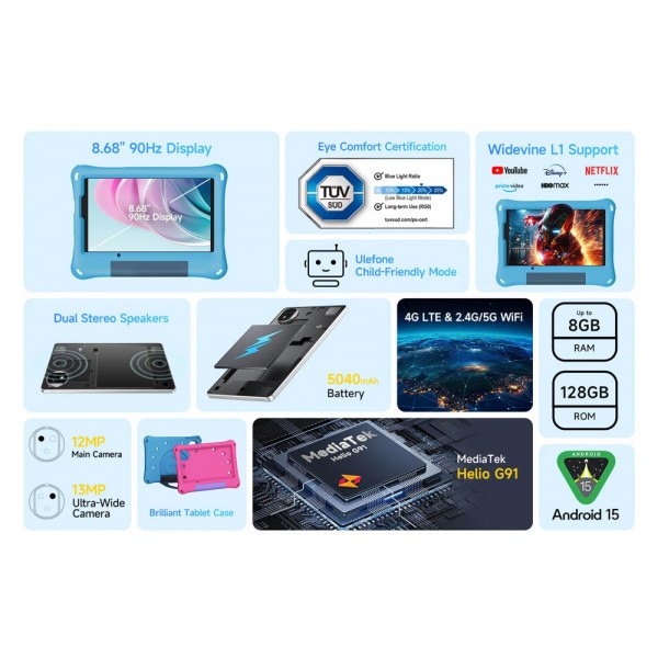 ULEFONE tablet Tab A9 Pro Kids, 8.68", 4/128GB, 4G, Android 15, 5040mAh, ροζ