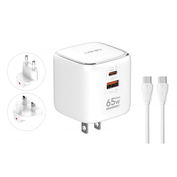 LDNIO φορτιστής τοίχου Q2617 με καλώδιο USB-C, EU/UK/US βύσμα, USB/USB-C, 65W, GaN, λευκός - Φορτιστές Κινητών