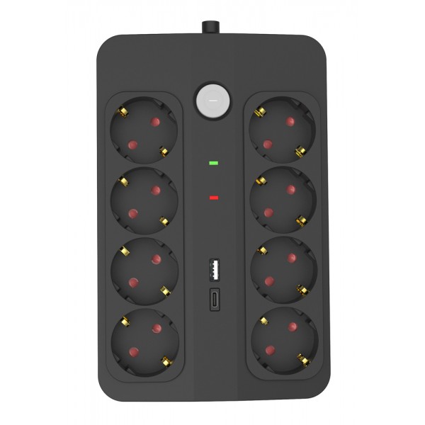 POWERTECH πολύπριζο ασφαλείας PT-1535, 8 θέσεων, με USB & USB-C θύρες, 16A, 1.5m, μαύρο