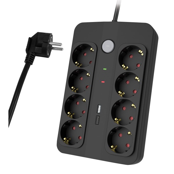POWERTECH πολύπριζο ασφαλείας PT-1535, 8 θέσεων, με USB & USB-C θύρες, 16A, 1.5m, μαύρο - Πολύπριζα Ρεύματος
