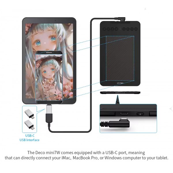 XP-PEN ταμπλέτα σχεδίασης με γραφίδα Deco Mini 7W, ασύρματη σύνδεση, 177.8x111.1mm, μαύρο