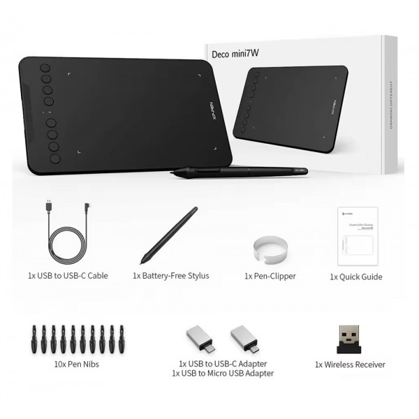 XP-PEN ταμπλέτα σχεδίασης με γραφίδα Deco Mini 7W, ασύρματη σύνδεση, 177.8x111.1mm, μαύρο