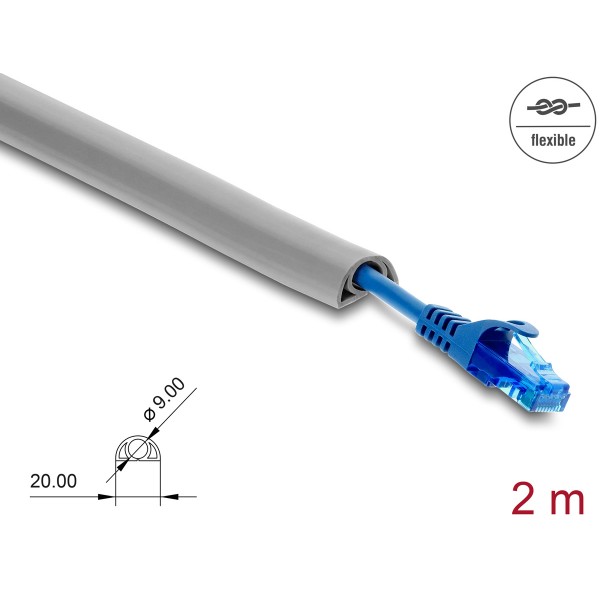 DELOCK κανάλι καλωδίων 20765 με αυτοκόλλητο, εύκαμπτο PVC, 20x10mm, 2m, γκρι - Τακτοποίηση Καλωδίων
