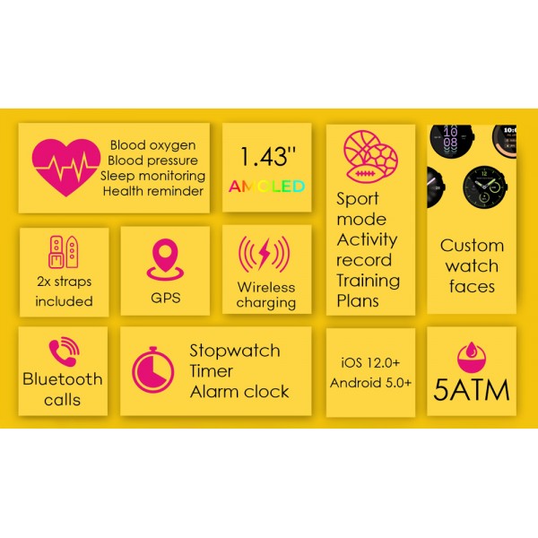 INTIME smartwatch G6 με 2x λουράκια, heart rate, 1.43" AMOLED, GPS, 5ATM, μαύρο - Smartwatches