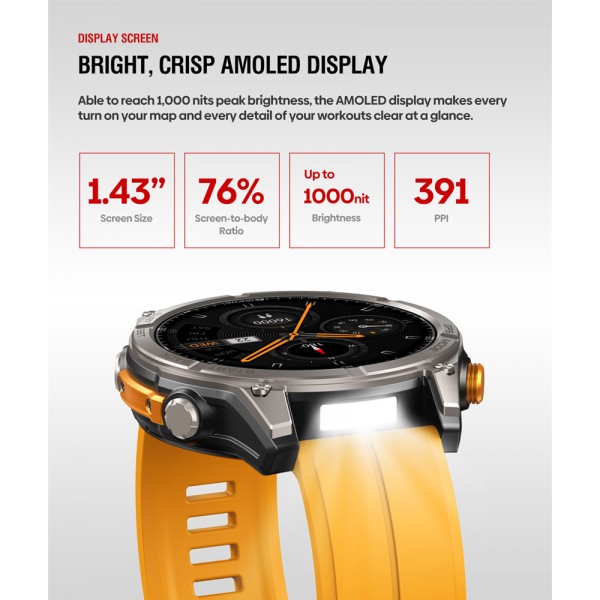 ZEBLAZE smartwatch Stratos 4 με φακό, heart rate, 1.43" AMOLED, GPS, 5 ΑΤΜ, MIL-STD-810H, μαύρο