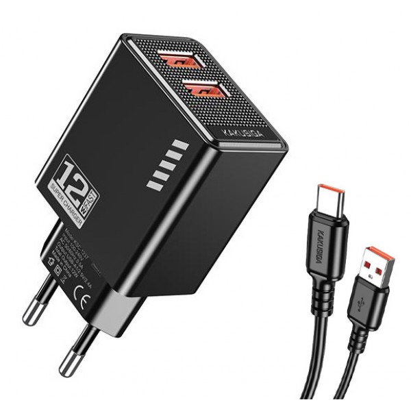 KAKUSIGA φορτιστής τοίχου KSC-1238 με καλώδιο USB-C, 2x USB, 12W, μαύρος - Φορτιστές Κινητών