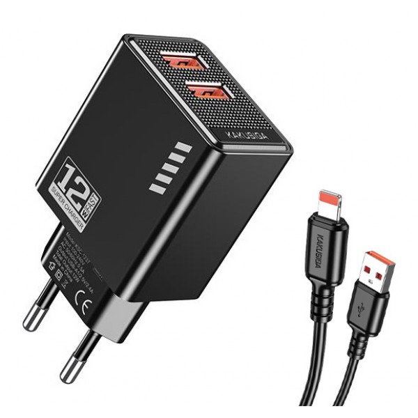 KAKUSIGA φορτιστής τοίχου KSC-1238 με καλώδιο Lightning, 2x USB, 12W, μαύρος - Φορτιστές Κινητών