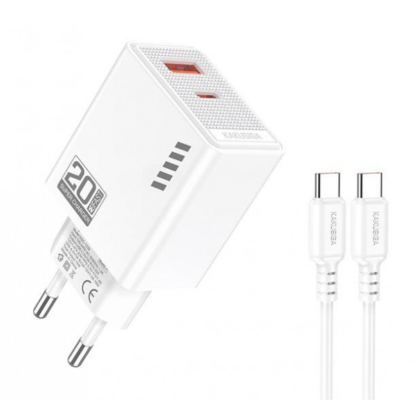 KAKUSIGA φορτιστής τοίχου KSC-1240 με καλώδιο USB-C, USB & USB-C, 20W, λευκός - Φορτιστές Κινητών