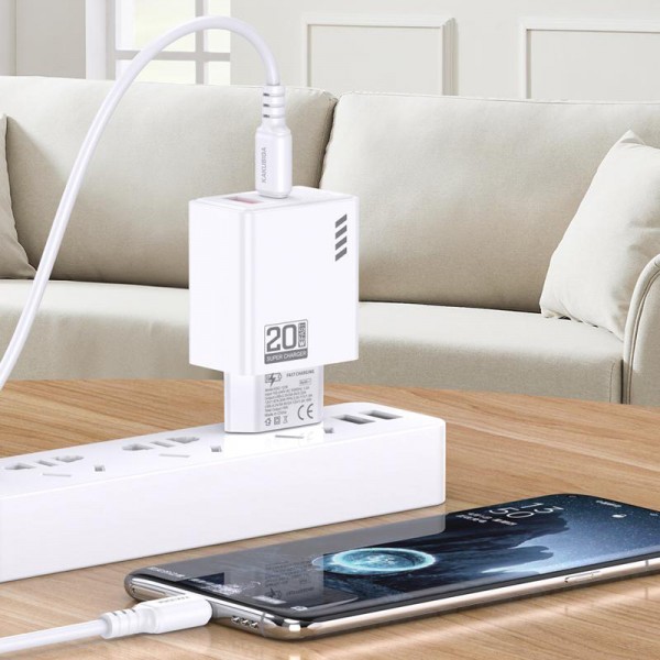 KAKUSIGA φορτιστής τοίχου KSC-1240 με καλώδιο USB-C, USB & USB-C, 20W, λευκός - Φορτιστές Κινητών