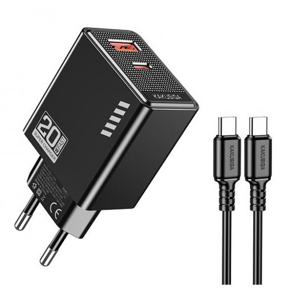 KAKUSIGA φορτιστής τοίχου KSC-1240 με καλώδιο USB-C, USB & USB-C, 20W, μαύρος - Φορτιστές Κινητών