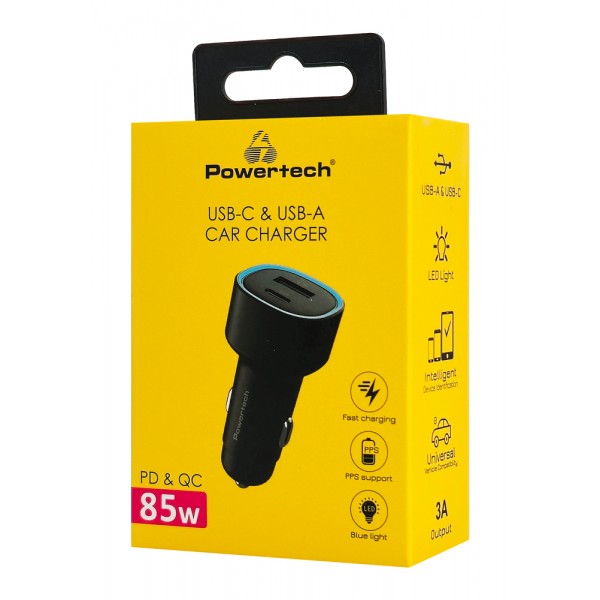 POWERTECH φορτιστής αυτοκινήτου PT-1539, USB & USB-C, 85W, μαύρος - Mobile