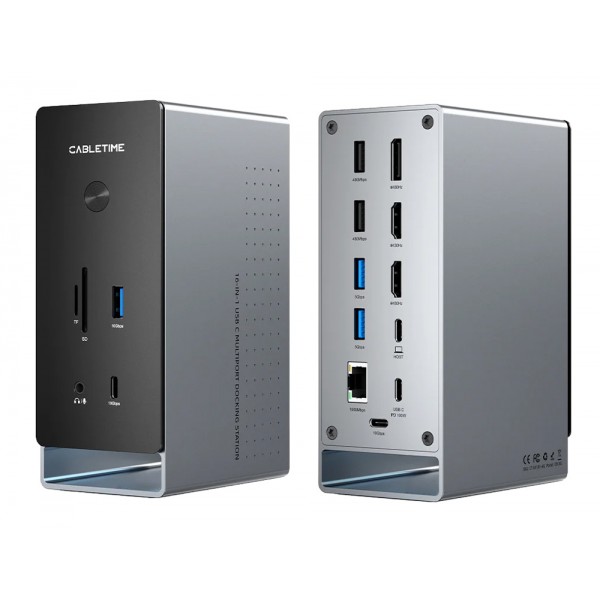 CABLETIME docking station CT-DK181-AG, 16 θυρών, USB-C σύνδεση, 100W PD, 1000Mbps, MST, γκρι - CABLETIME