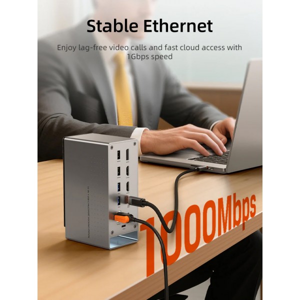 CABLETIME docking station CT-DK181-AG, 16 θυρών, USB-C σύνδεση, 100W PD, 1000Mbps, MST, γκρι