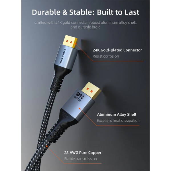 CABLETIME καλώδιο DisplayPort 2.1 CT-DP16K, VESA Certified, 16K/60Hz, 80 Gbps, 2m, μαύρο - CABLETIME