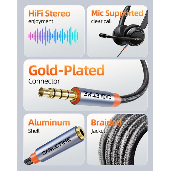 CABLETIME καλώδιο προέκτασης ήχου 3.5mm CT-AE35M, gold plated, 2m, μαύρο - Ήχος